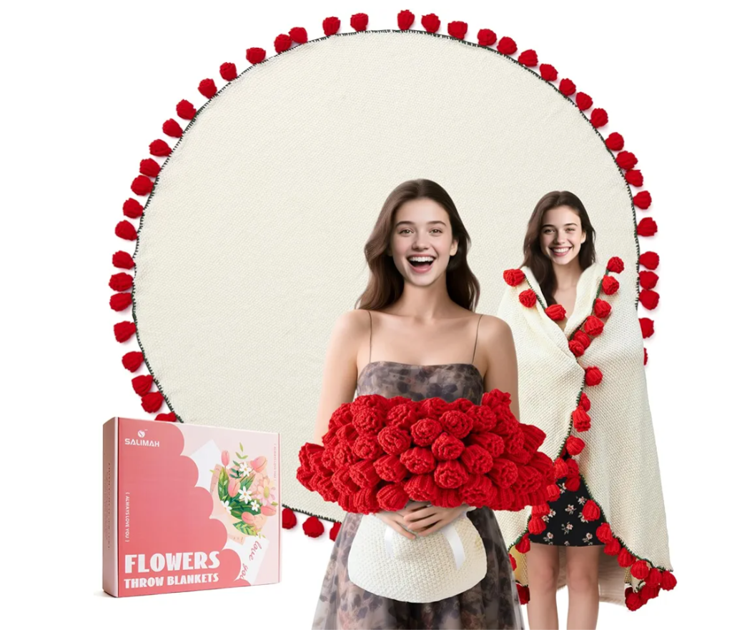 Flower Bouquet Blanket, Gifts for Mom Daughter Grandkids Her Wife Girlfriend, Completed Crochet Flower Blanket,Soft Knitted Throw Blankets,Housewarming Gifts for Birthday Anniversary (Red Roses)