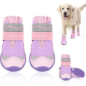 SlowTon Dog Shoes for Large Small Medium Dogs - Breathable Dog Boots for Summer Hot Pavement, Paw Protector for Outdoor Walking Winter Snow, Anti-Slip Rubber Dog Booties for Hardwood Floor (Pink, 7)