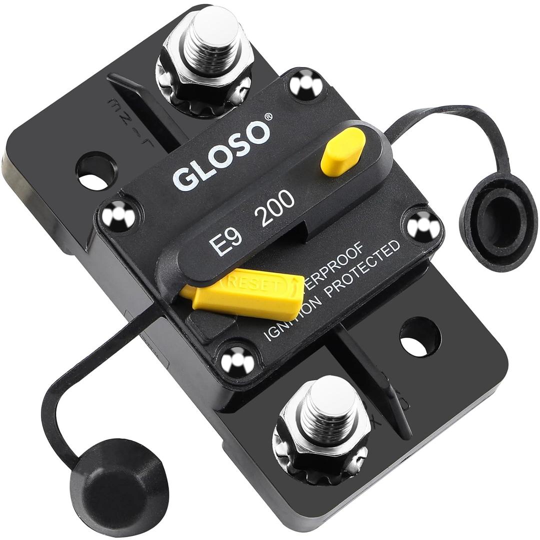 GLOSO Circuit Breaker E93 200A Breaker Extended Surface Mount 3/8" Diagonal Stud Waterproof IP67 Marine RV Truck Hi-Amp (200A)