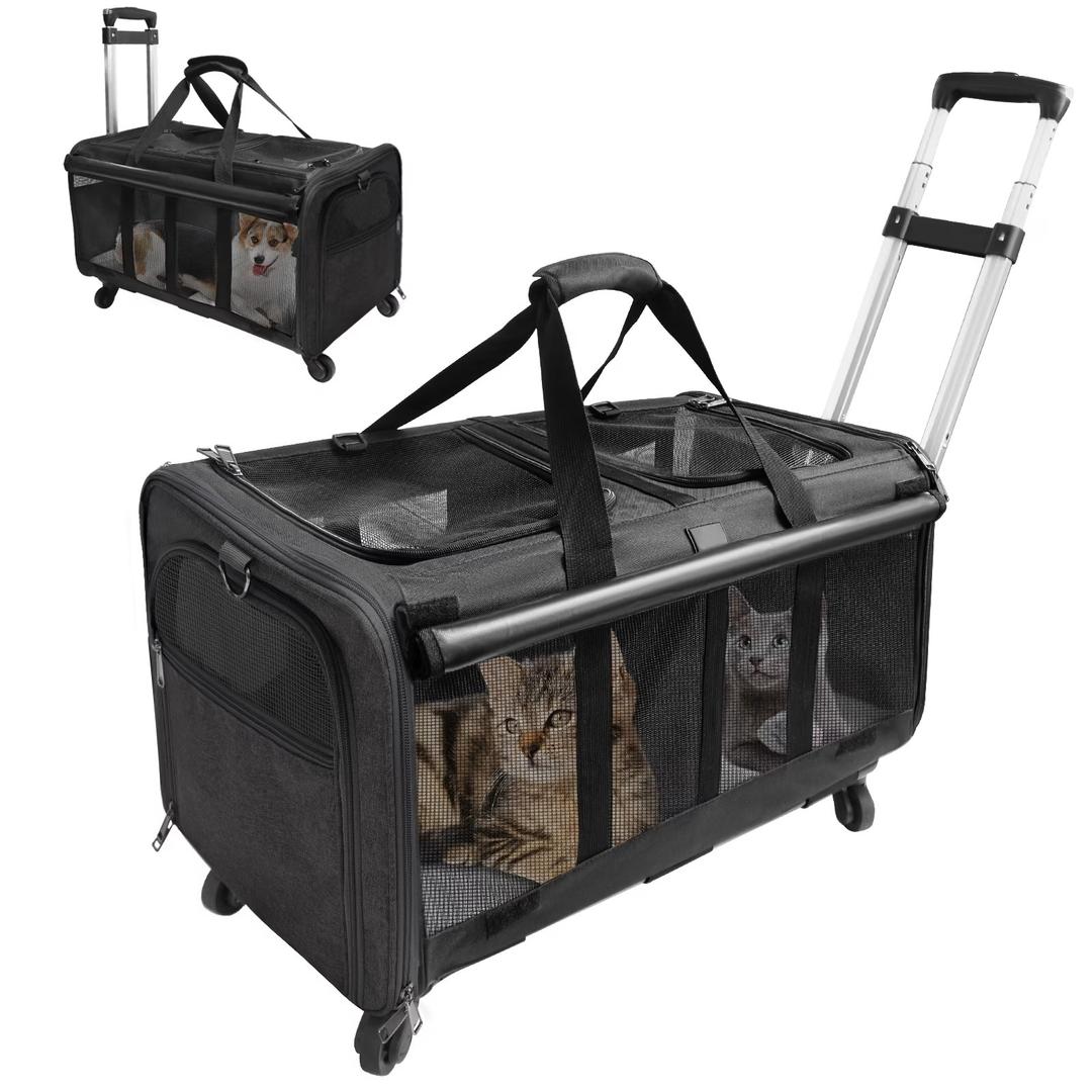 Double-Compartment Pet Rolling Carrier with Wheels for 2 Pets,for Up to 35 LBS,Cat Rolling Carrier for 2 Cats,Super Ventilated Design,Ideal for Traveling/Hiking /Camping