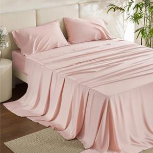 Bedsure Queen Sheet Set, Rayon Derived from Bamboo, Cooling Sheets, PureWoven, Breathable & Soft, Deep Pocket Up to 16 Inches, Hotel Luxury Silky Bedding for Hot Sleepers, Pink