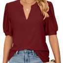PerZeal Women's Summer Tops Tunic V Neck Ruffle Half Sleeve Blouses Short Sleeve Casual Loose Tops T-Shirts Burgundy XX-Large