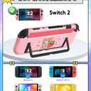 Gurgitat 6in1 Kits Accessories Bundle for Nintendo Switch 2 2025 - Cute Carrying Case, Protective Cover, Joy Con Grips, Thumb Grips, 24 Game Holder, Shoulder Strap Teens Boys Girls, Strawberry