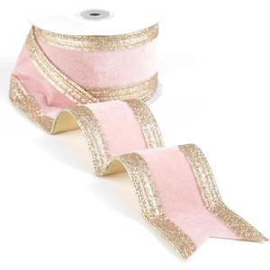Pink and Champagne Gold Velvet Wired Ribbon 2.5" X 10 Yards Pink Velvet with Champagne Gold Glitter Border Stripe Christmas Ribbon for Tree, Wreath Supplies, Garlands Making