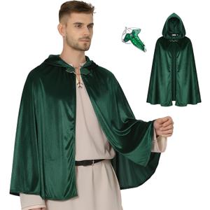 Halloween Medieval Renaissance Elf Hooded Cloak Green Leaf Brooch for Men and Women Party Cosplay Dress Up(Dark Green)