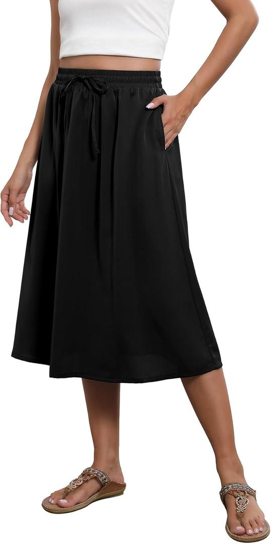 Flowy Skirt Midi Length Elastic High Waist A-Line Skirt with Pockets Boho for Women 2025 Trendy(S-2XL)