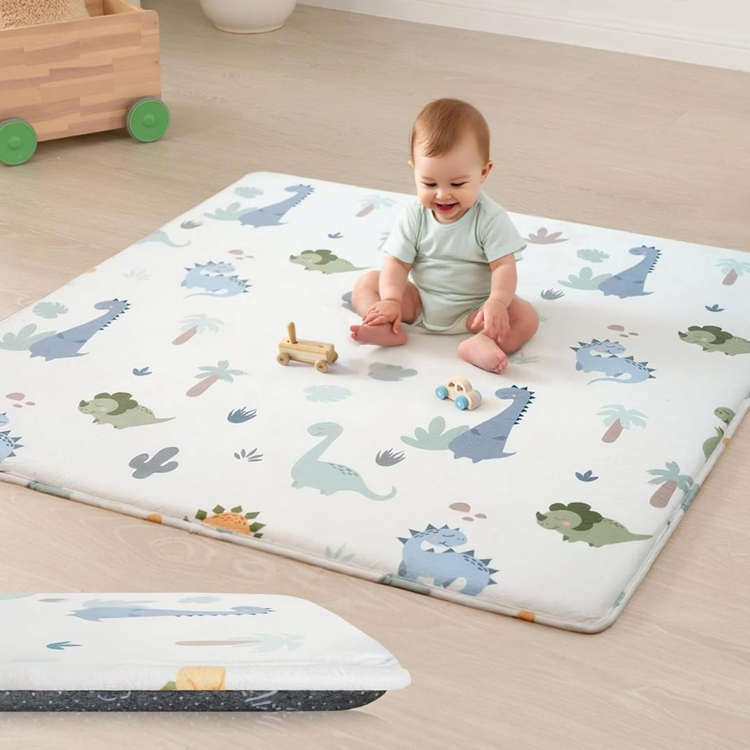 1.5" Thick Premium Baby Play Mat for Floor, 50x50 Padded Memory Foam Play Mat, Tummy Time Crawling Playmat for Nursery Playroom Classroom, Dinosaurs