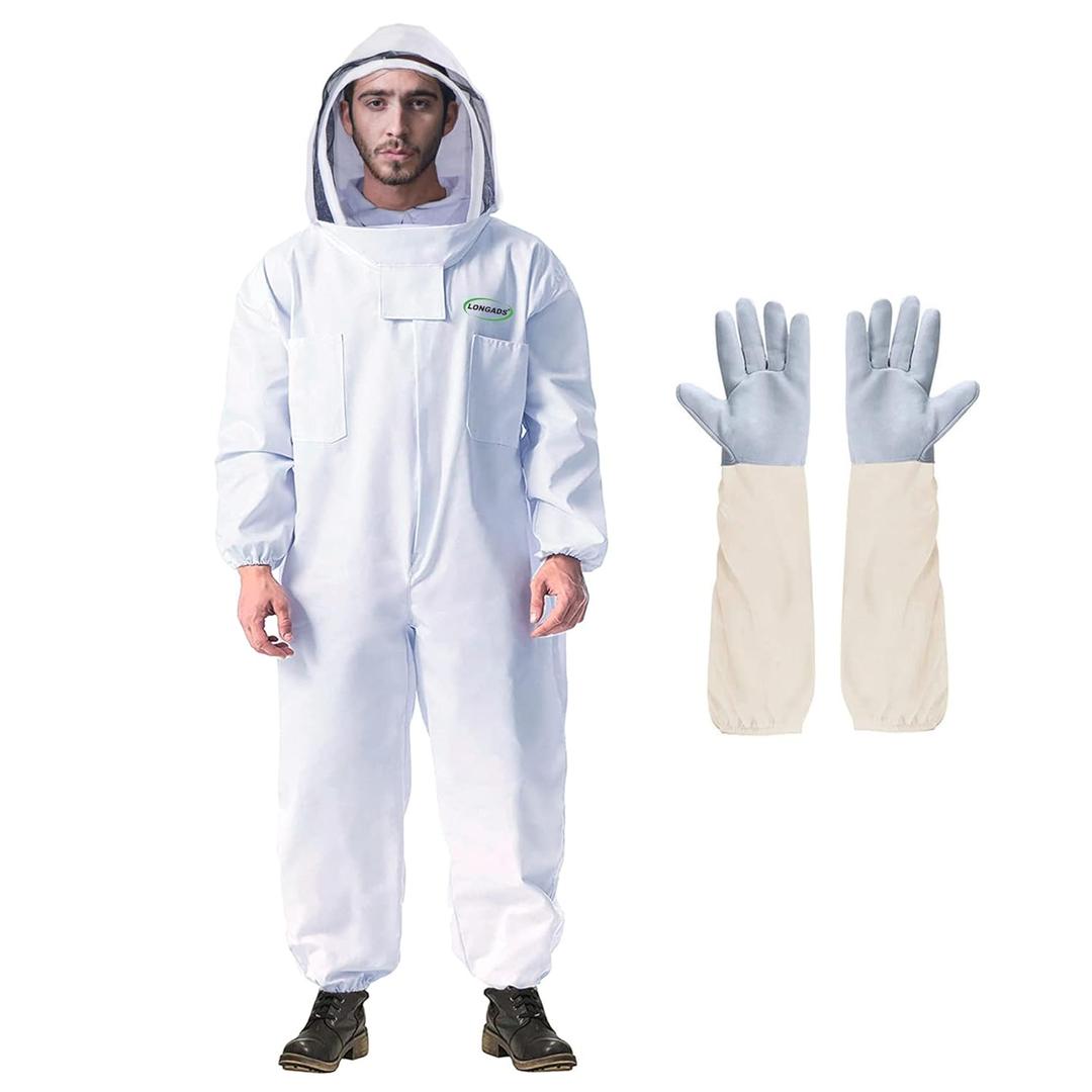 LONGADS Professional Bee Suit for Men and Women, Full Body Beekeeping Suit with Gloves & Protective Round Veil, Size XXXL (Fits 73-77 Inches / 6'1"-6'5") for Apiary & Backyard (White)