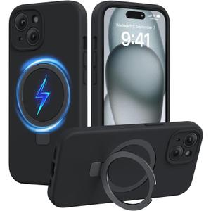 Miracase for iPhone 15 Case with Stand, Compatible with All MagSafe Accessories, Liquid Silicone Case Gel Rubber Shockproof Drop Protection Phone Case for iPhone 15, Black Mag-Stand