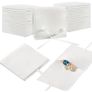 Lothee 40 Pcs Microfiber Jewelry Pouch 8x8 cm Jewelry Packaging Luxury Small Gift Bags Bow Tie Microfiber Bag for Bracelet Necklace Packaging, Envelope Style with String and Divider(White)