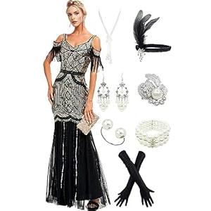 1920s Sling Offer Shoulder Tassel Flapper Fringe Long Mesh Mermaid Hem Dress Gatsby w/Accessories Set (X-Large, Beige)