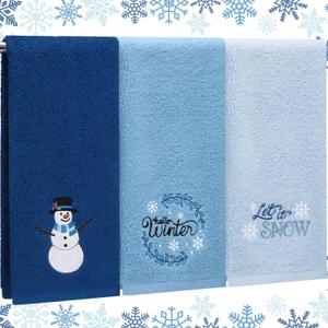 3 Pcs Winter Snowman Hand Towels for Bathroom Winter Blue Snowflake Hand Towels Let It Snow Embroidered Rustic 100% Cotton Soft Absorbent Decor for Holiday Kitchen, 13.8 x 29.5'