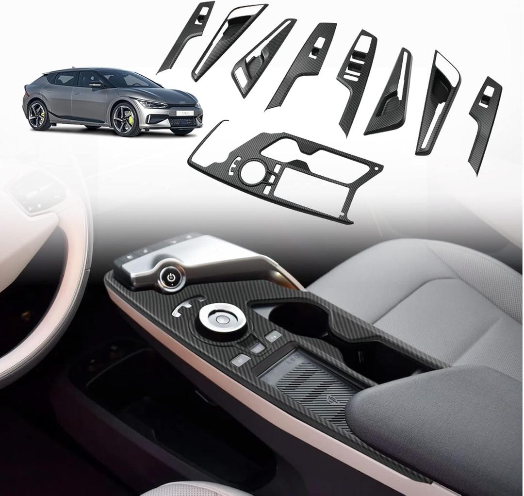 BestEvMod for EV6 Interior Decoration Trim Set of 9 Gear Shift Panel Trim,Window Lift Switch Panel Cover,Inner Door Handle Bowl Trim Compatible with 2022-2024 Kia EV6 Accessories (Matt Carbon Fiber)