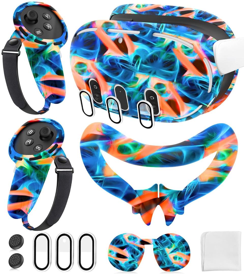 Silicone Cover Set Compatible with Meta/Oculus Quest 3 Accessories, Controller Grips, VR Shell Cover, Facial Interface Cover, Protective Lens Cover, Tempered Glass Lens Caps, Not Fit Quest 3S (Aurora Orange)