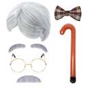 Old Man Wig Costume Kits Grandpa Accessories Cosplay Set 100th Day of School Glasses Inflatable Cane Moustache Eyebrow (Silver)