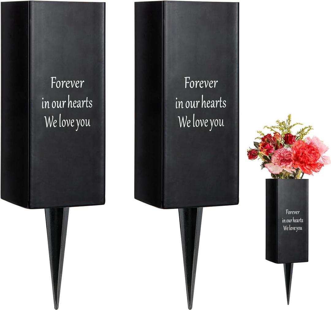 Metal Cemetery Vase Flower Holder with Spikes in Ground Grave Vases for Gravesite Gravestone Memorial Grave Markers Cemetery Decorations (2Pcs, Black-Rectangular), Flowers is not Included