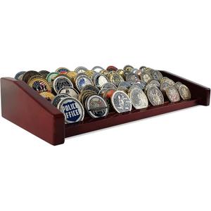 8 Rows Military Challenge Coin Display Stand - Holds 60-70 Coins, Solid Wood Army Police Coin Rack Display Holder for Desktop, Mahogany