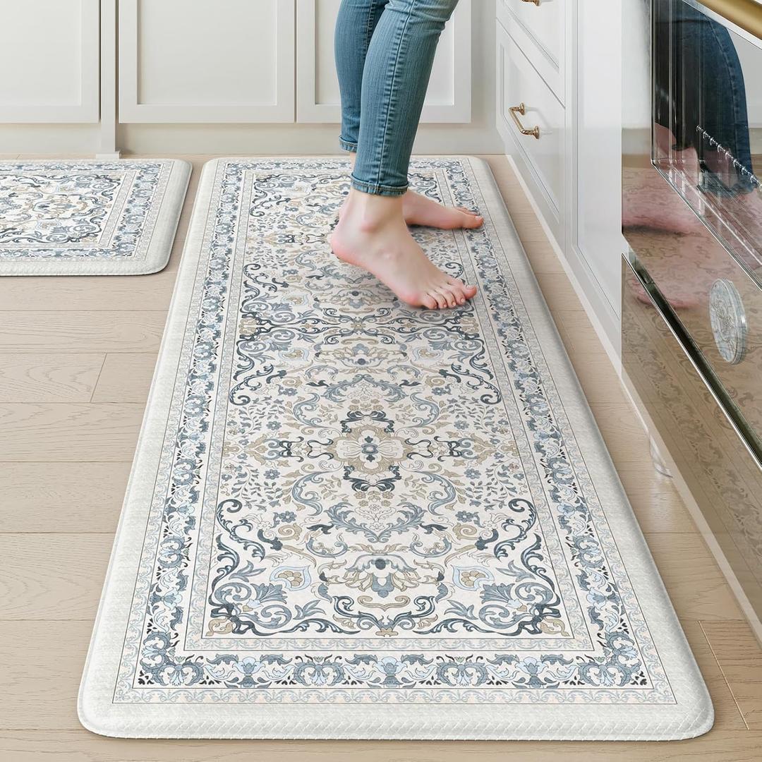 KIMODE Anti Fatigue Mats for Kitchen Floor,Boho Vintage Floral Rugs Sets of 2,Cushioned Carpet Non Slip for Laundry,Wide Memory Foam Runner for Sink Office,Light Blue 20"x47"+20"x32"