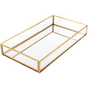 HighFree Rectangle Gold Mirror Tray, Decorative Glass Mirrored Vanity Tray for Perfume, Cosmetics, Makeup, Trinket, Jewelry (11.8x7.9x2)