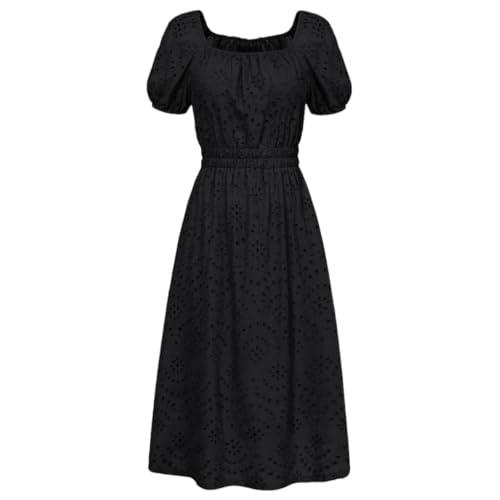 Women's Beach Hollow Short Sleeve Dress Casual Round Neck Elastic Waist Dress Black, S
