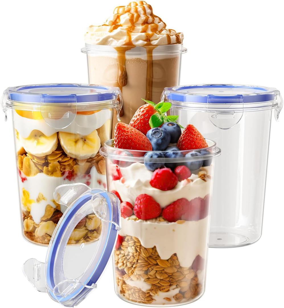 4 Pack Overnight Oats Containers with Lids, Oatmeal Container, 16oz Leak Proof Oats Jars, BPA Free, Reusable, Portable Plastic Food Storage Container for Oatmeal, Yogurt, Soup, Cereal, Milk and More
