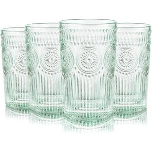 CREATIVELAND Colored Vintage Drinking Glasses Set of 4, 11.84 oz Romantic Embossed Water Glasses, Colored Tumblers Tempered Glass for Juice, Beverages, Beer, Cocktail (Green)