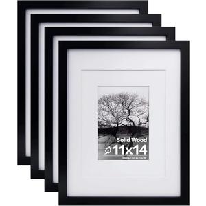 Egofine 11x14 Picture Frames Set of 4, Made of Solid Wood Covered by Plexiglass 5x7 and 8x10 with Mat or 11x14 without Mat, for Table Top Display and Wall Mounting Photo Frame Black