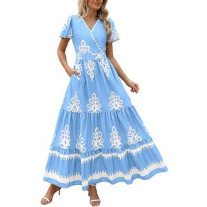 PRETTYGARDEN Womens 2026 Summer Casual V Neck Boho Maxi Dress Flowy Aline Bell Sleeve Tiered Floral Dresses with Pocket (Blue, L)