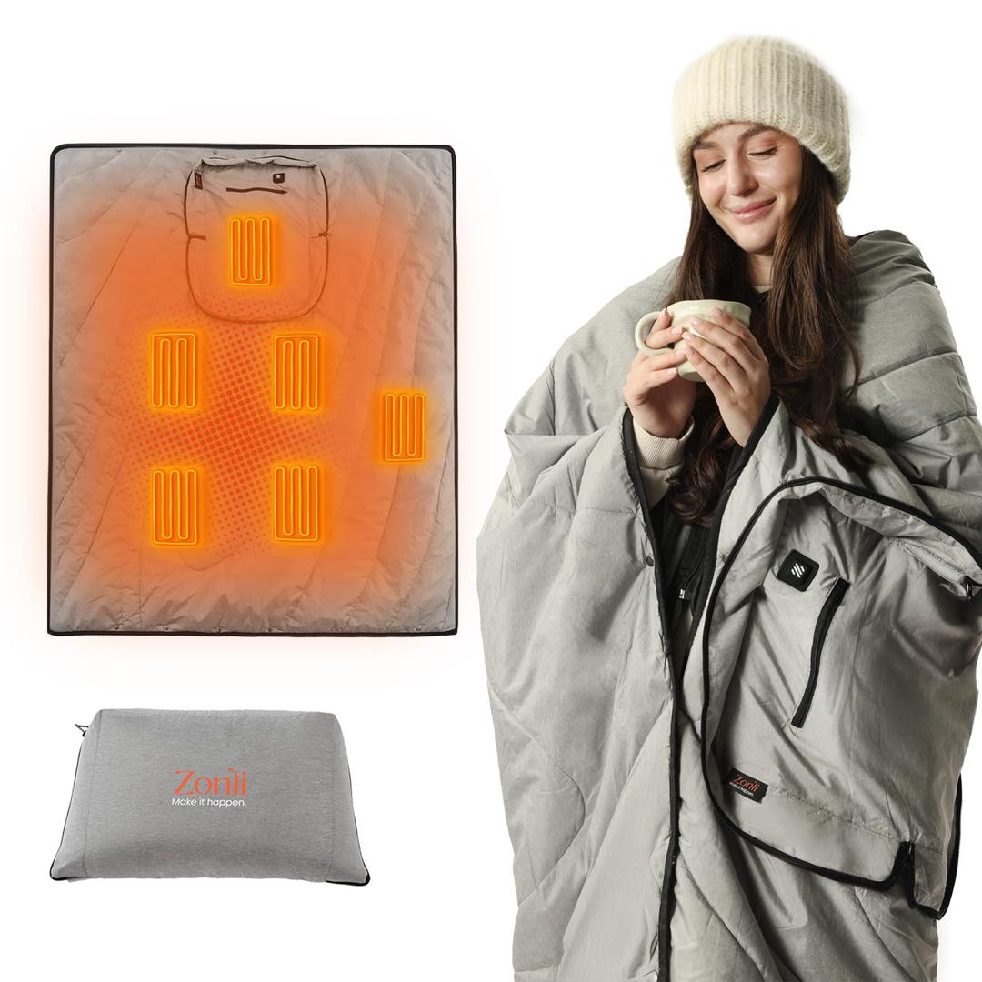 ZonLi Heated Blanket Battery Operated, Cordless Electric Throw for Super Bowl & Outdoor, 50"x60" Wearable Rechargeable for Camping Tailgating, Water-Resistant Machine Washable (Dark Grey)