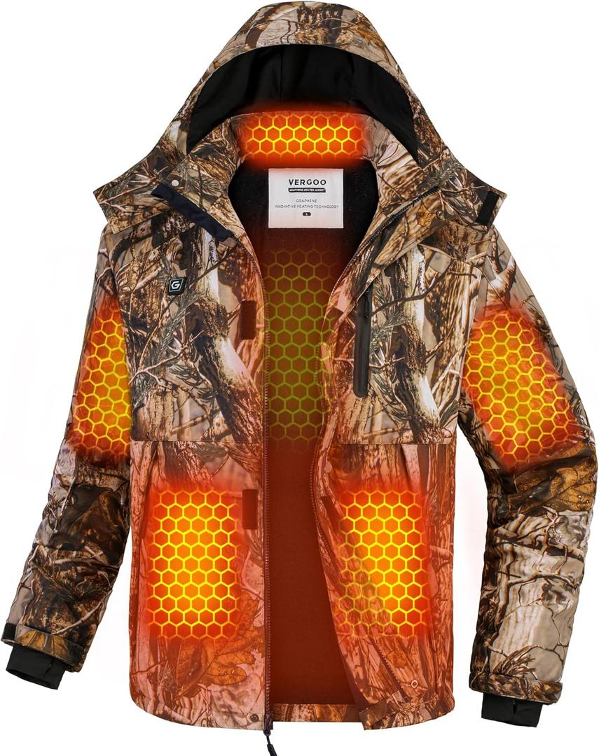 VERGOO Graphene Mens Heated Jackets with 18400mAh Battery Pack Winter Waterproof Electric Self Heating Coat with Hood, Size M