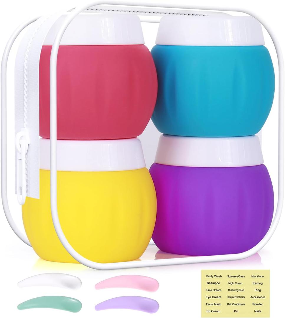 5 x Travel Containers for Toiletries, GLAMFIELDS TSA Approved 1.7oz 50ml Travel Size Silicone Cream Jars BPA Free, Leak-proof Travel Essentials with Lid for Cosmetic Face Hand Body Cream Purple (4 Pack)