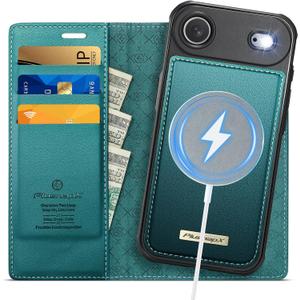 Wallet Case for iPhone Air Compatible with Magsafe, 2-in-1 PU Leather Flip RFID Blocking Card Holder Stand Shockproof Magnetic Detachable Cover for iPhone 17 Air Case 6.5", Bluegreen