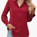 AISEW Womens Casual Button Down Shirts V Neck Chiffon Long/Short Sleeve Collared Office Work Blouses Tops with Pocket
 (Burgundy, 7003M)