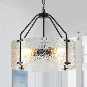 Glass Drum Chandelier for Dining Room 18'' Entryway Light Fixture 4-Light Kitchen Chandeliers Over Table Bedroom Light Fixture for Living Room Hallway Foyer Kitchen (17.72", Black)