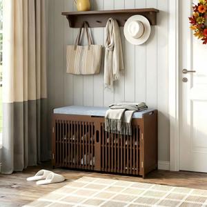APRTAT Bamboo Shoe Storage Bench with Padded Cushion, 3-Tier Shoe Rack Organizer with 2 Ventilated Grille Doors for Entryway, Bedroom, Bathroom (Brown, Large)