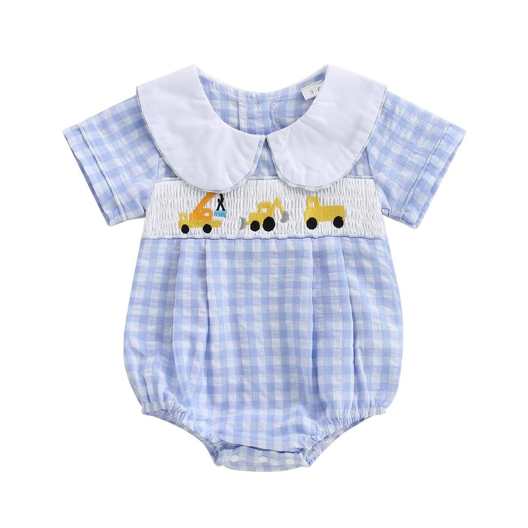 Douhoow Baby Girls Romper Short Sleeve Plaid Embroidery Bodysuit Jumpsuit Infant Girl Summer Clothes 3-6 Months