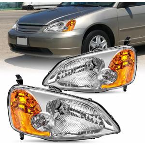 JSBOYAT Headlight Assembly Pair for 2001 2002 2003 Honda Civic 2/4 Door Headlamp Replacement (Chrome Housing & Amber Reflector)