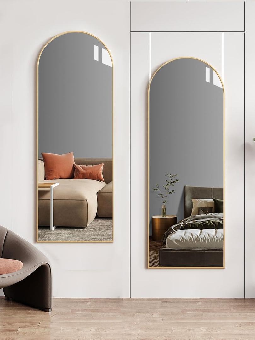 Arched Full Length Mirror, 48"x14" Gold, Tempered Shatterproof Glass & Aluminum Frame, Over Door or Wall Mounted, No Drill Installation for Bedroom, Bathroom, Closet, Entryway, Living Room Decor