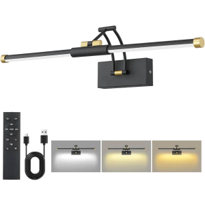 24“ Picture Lights for Wall, 8000mAh Rechargeable Wireless Picture Light with Remote, LED Wall Lights 3000K/4000K/6000K Dimmable, Art Lighting for Paintings Frame Gallery Dartboard, Black Gold