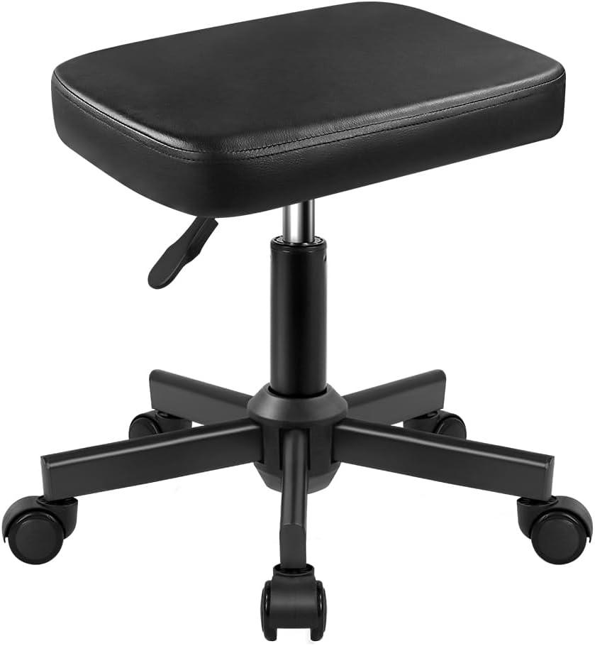 WKWKER Rolling Stool Height Adjustable 360 Swivel Stool with Wheels Square Seat PU Leather Rolling Stool for Bedroom Counter Shop Salon Massage Home Office Desk (Black)