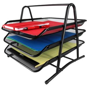 Huron Desktop Horizontal File Binder Organizer Storage Letter Tray, 3 Slot, Black Steel Mesh