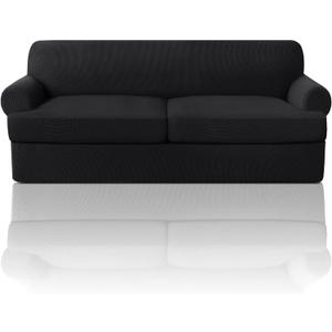 PrinceDeco T Cushion Sofa Slipcover 3 Pieces Sofa Covers for T Cushion Couch Soft Couch Covers Sofa Slip Cover Furniture Covers with 2 Individual T Shape Seat Covers Width Up to 88", Black