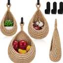 Honeydak Boho Decor Hanging Wall Baskets for Kitchen 3 Pack Teardrop Baskets with Hooks Storage Fruit Onion Vegetable Potato for Home 3 Sizes(Light Linen,Teardrop,Cotton Rope)