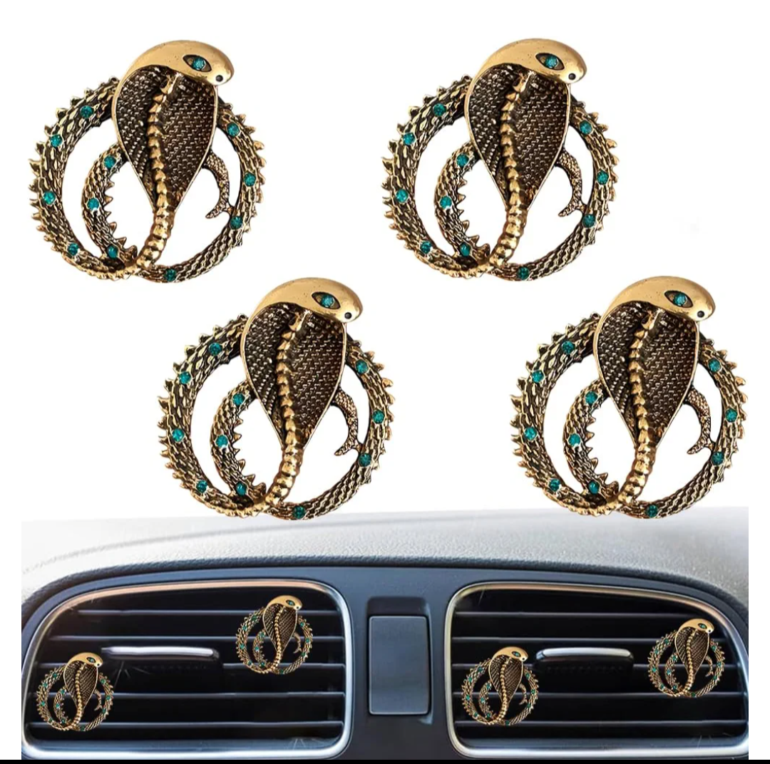 4PCS Bling Cobra Auto Air Freshener Vent Clip, Alloy Rhinestone Vent Clips Car Accessories,Auto Vehicle Auto Interior Decorations Badges Adapt for Women Man (Golden)