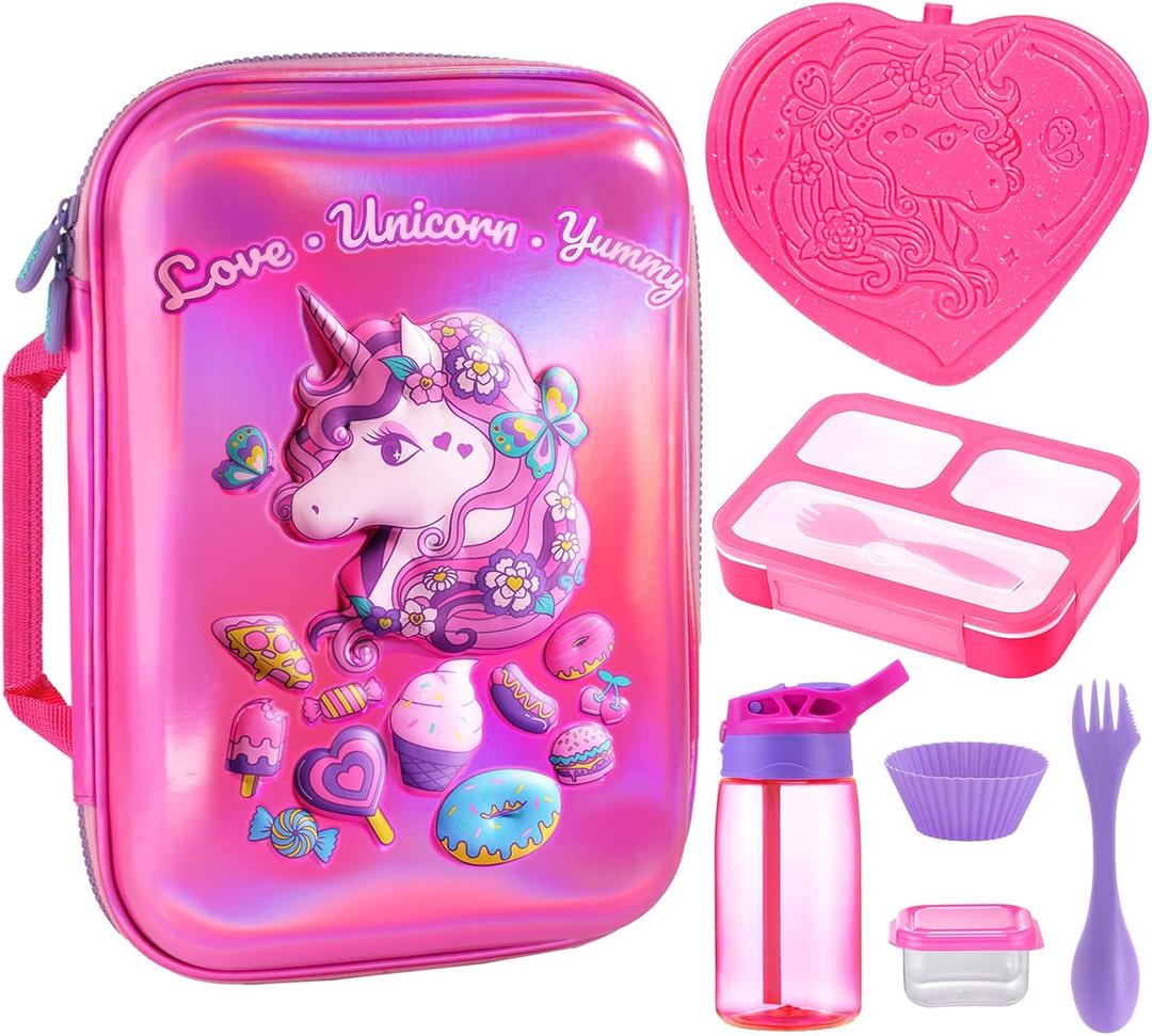 Kids Lunch Box Bag Set: Girls Unicorn Lunch Bags Bento Boxes with 3-Compartment Included Ice Pack Water Bottle Insulated Lunchbag Reusable School Lunchbox Containers Kit for Toddler Daycare Childrens (Pink)
