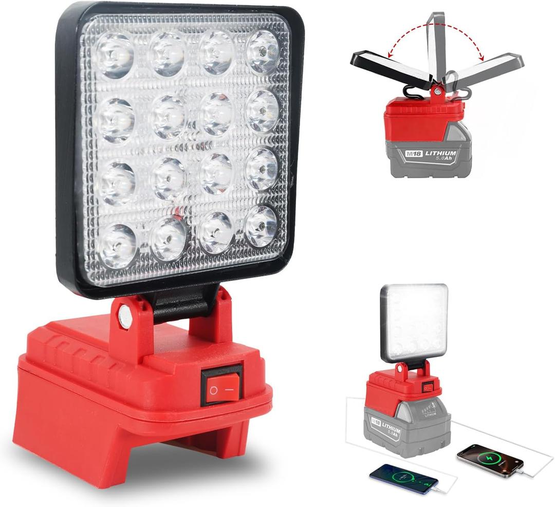 Cordless LED Work Light Compatible with Milwaukee M18 Battery, 5400 Lumens LED Flood Light with Double USB Charging, Battery Lights for Emergency, Construction, Garage, Job Site, Workshop(No Battery)