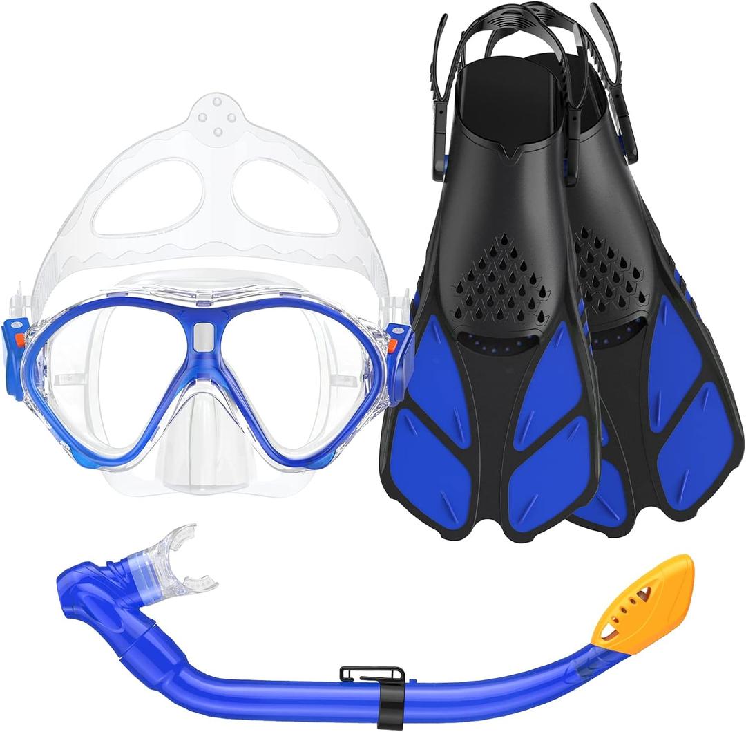 Seovediary Kids Snorkel Set, Mask Fins Snorkeling Gear for Kids Anti-Fog Swim Goggles 180 Panoramic View Dry Top Snorkel and Dive Flippers Combo with Travel Bag for Snorkeling Training Swimming Diving
