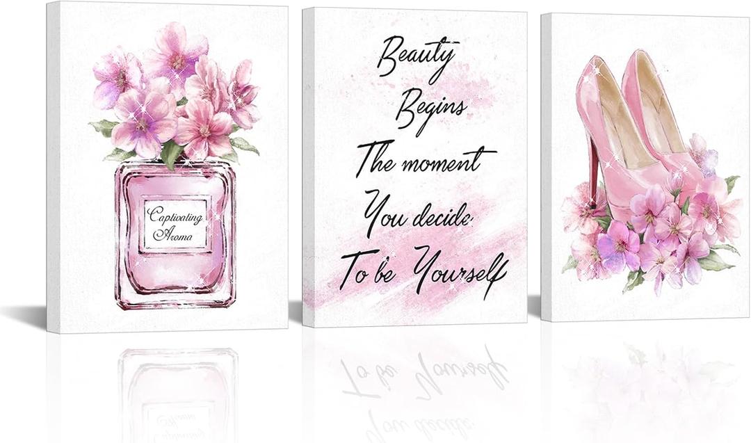 Artsbay Fashion Wall Art Pink Perfume Canvas Prints High Heels Pictures Paintings Modern Artwork for Women Bedroom Powder Room Bathroom Living Room 12In x 16In x 3PCS