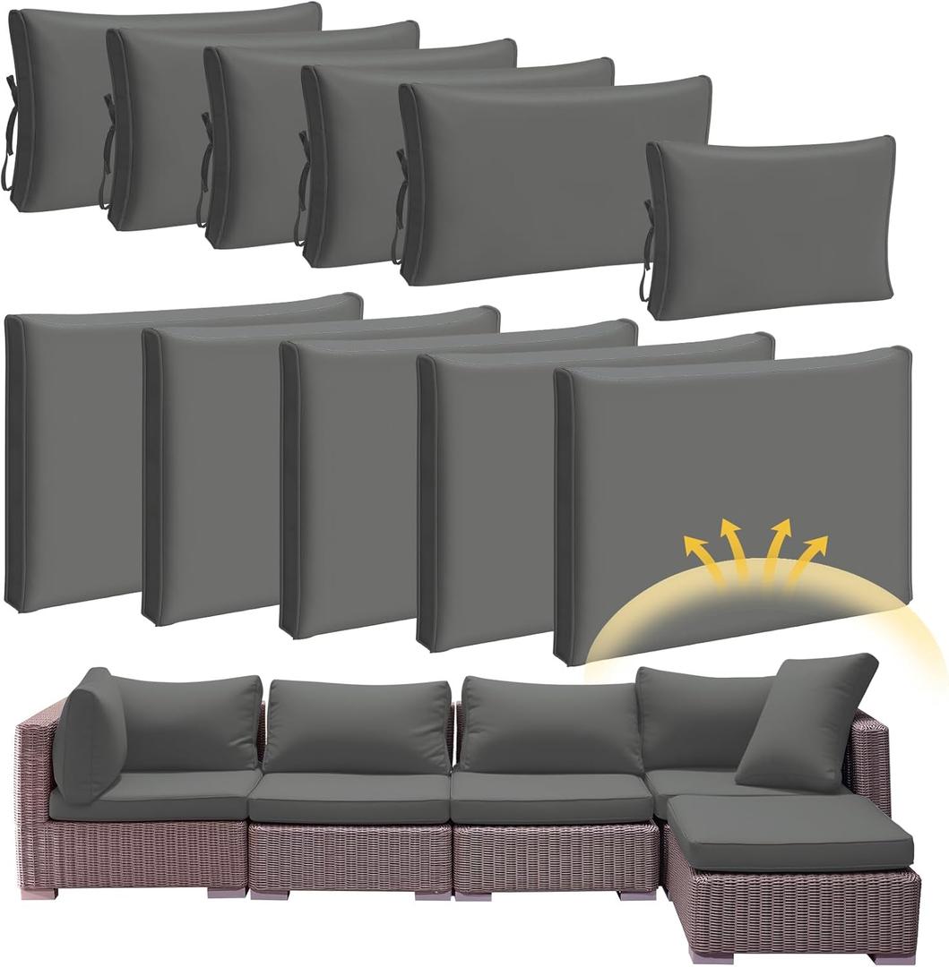 Patelai 11 Pcs Waterproof Patio Cushion Covers for Outdoor Sectional Furniture Wicker Rattan Patio Sofa Couch Chair Seat Pillow Slipcovers, 3 Sizes Covers Only (25.4 x 25.4X 3.54,Gray)