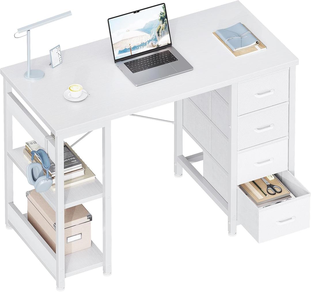 ODK 40 Inch Small White Computer Desk with 4 Fabric Drawers, Modern Office Desk for Home Office Gaming with Storage Shelves Study, White ODK 40 Inch Small White Computer Desk with 4 Fabric Drawers, Modern Office Desk for Home Office Gaming with Storage Shelves Study, White